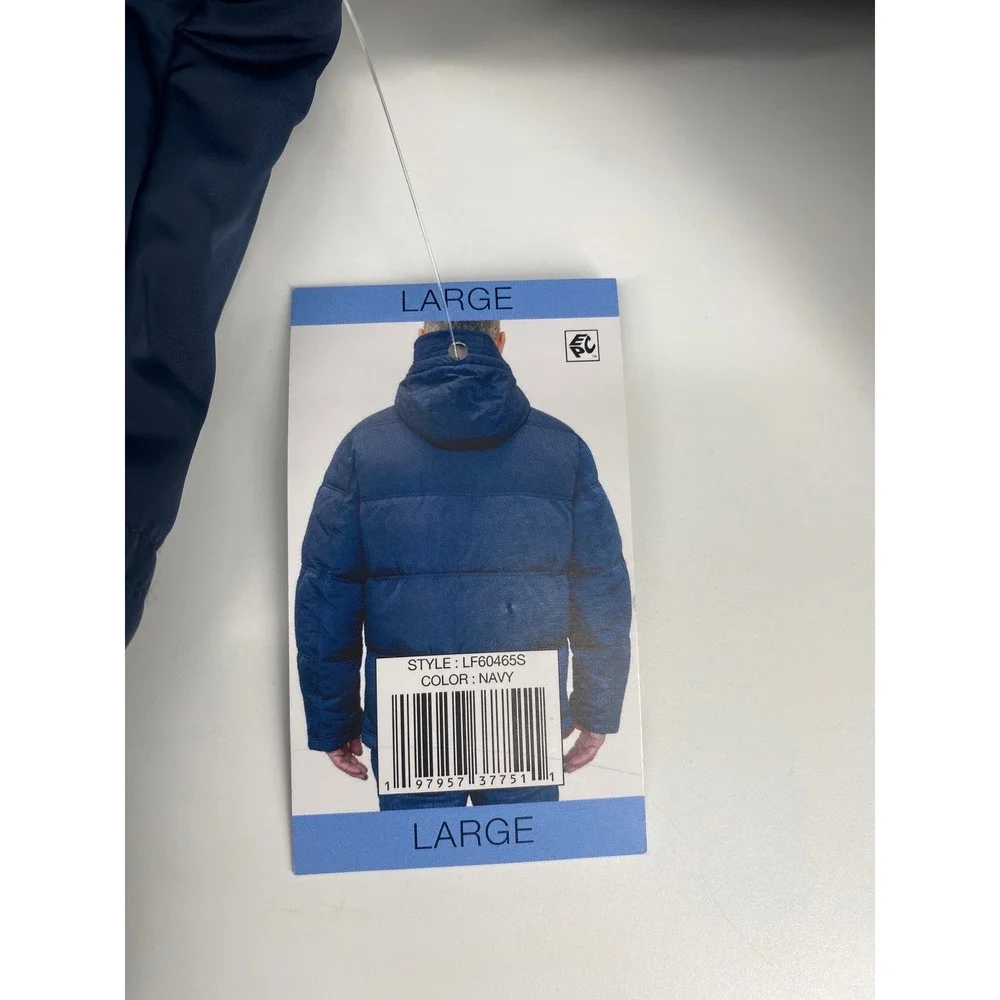 London Fog Hooded Puffer Jacket Mens Large Navy Blue Full Zip Quilted Coat NEW